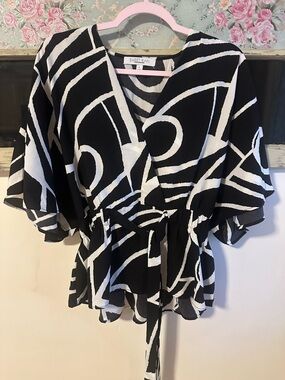 Sweet Rain Black & White Geometric Wrap Peplum Blouse